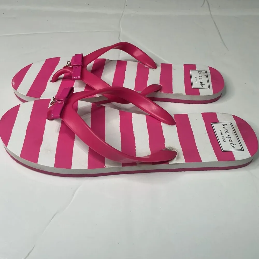 Kate Spade New York Pink & White Striped Flip Flops With Bow Accent Size 10M